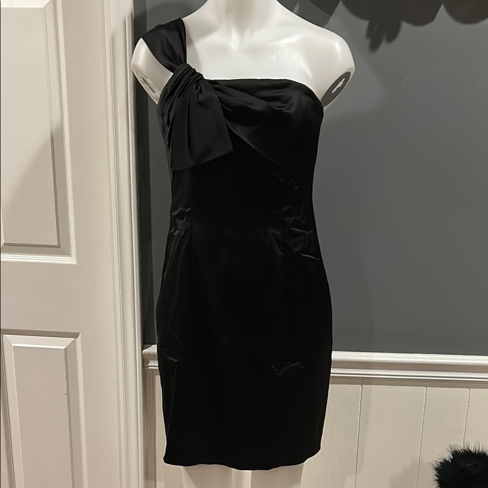 David Meister Black Asymmetrical Tie Front Cocktail Dress